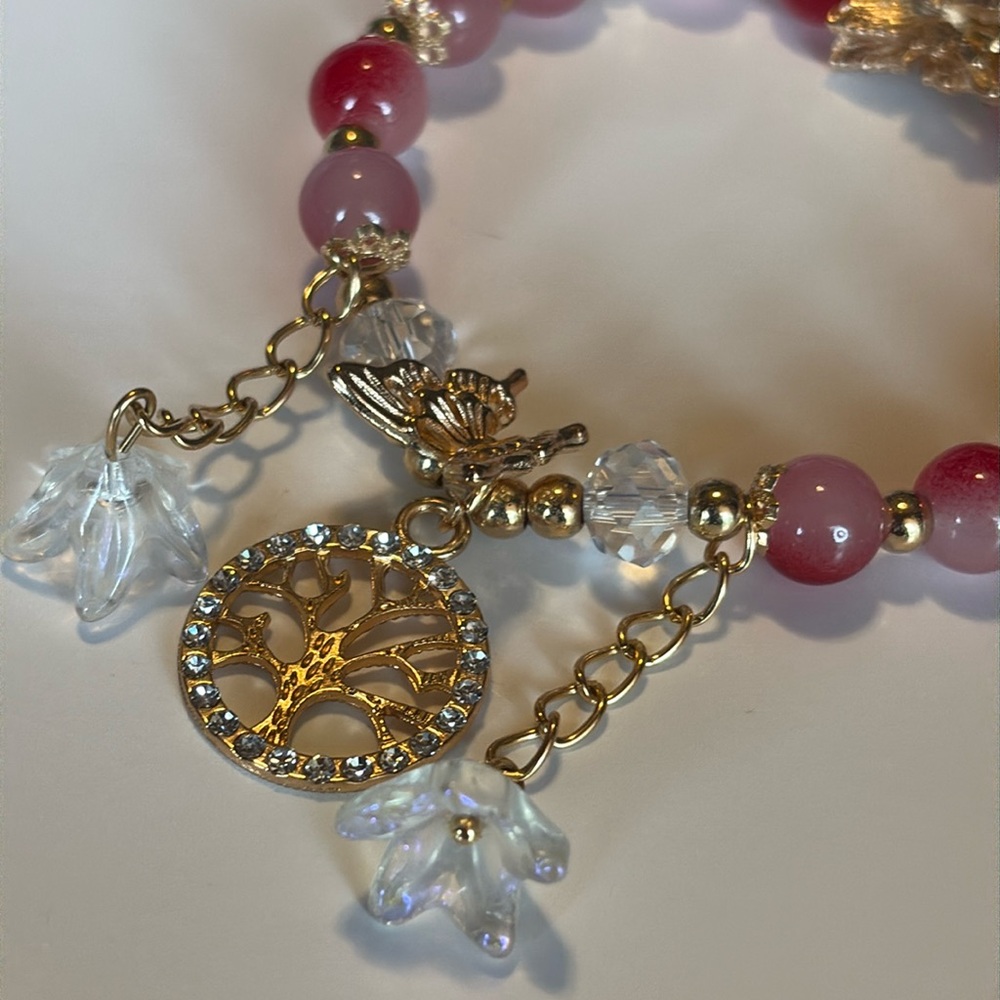 Pink and Gold Beaded Bracelet with Butterfly Charm bling tree of life